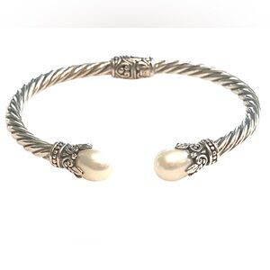Sterling Silver Pearl Hinged Cable Bracelet 925